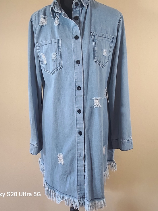 Jean's Tops - Light Wash Distressed Denim Shirt Dress - Light Blue